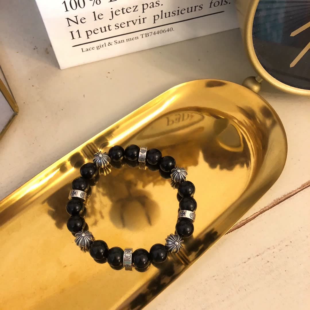 Chrome Hearts Elegant Black Bead Bracelet with Silver Accents